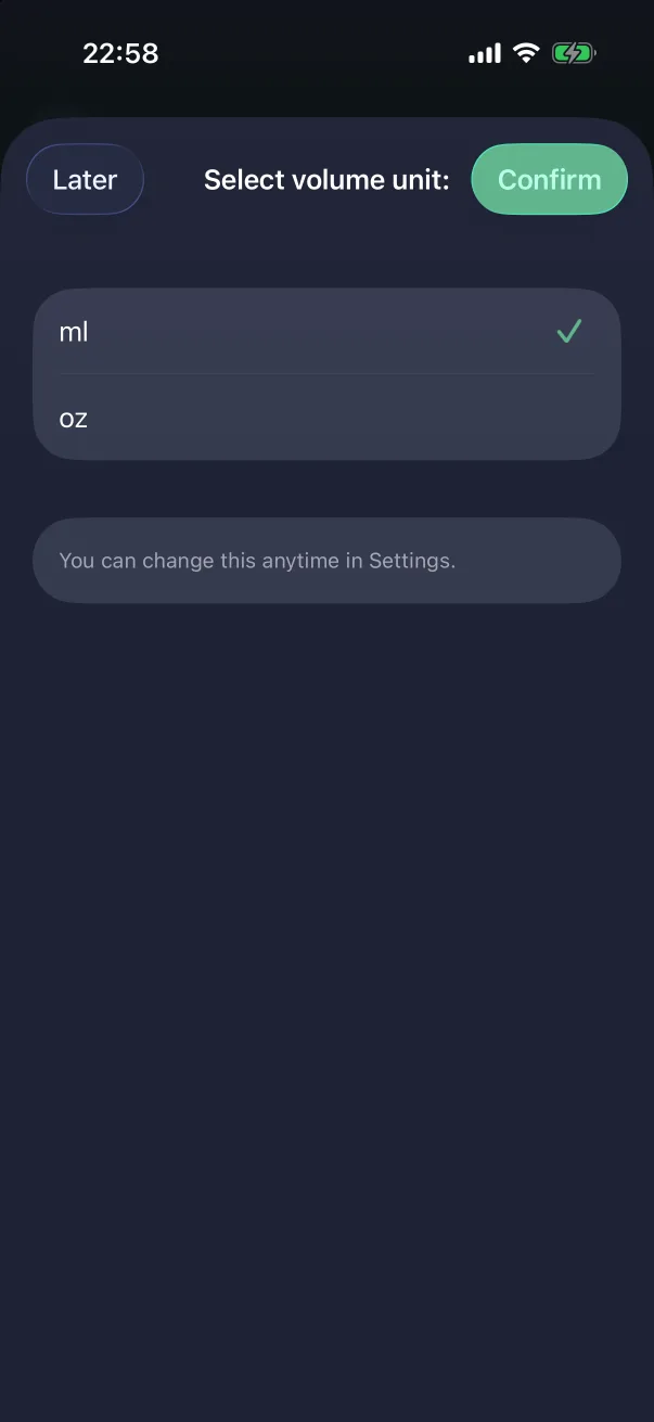 The first time a volume comes up, the app asks which unit to use.