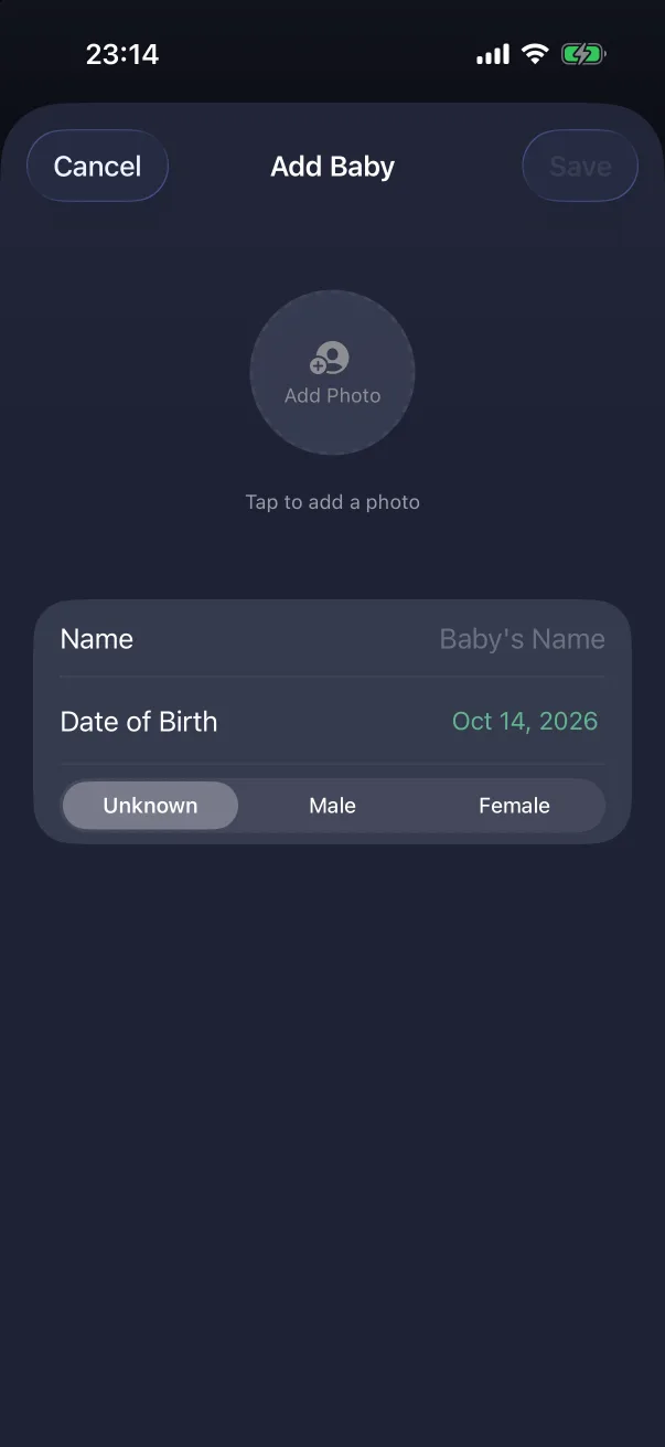 The Add Baby sheet.