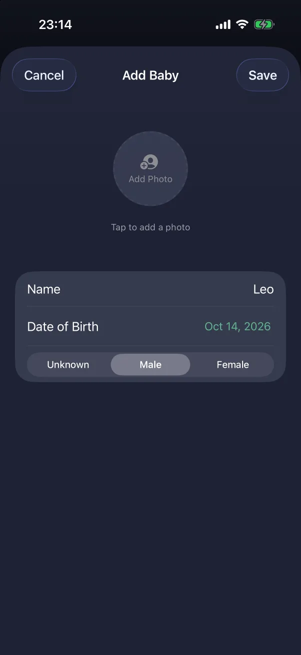 Name and gender filled in; Save is enabled.