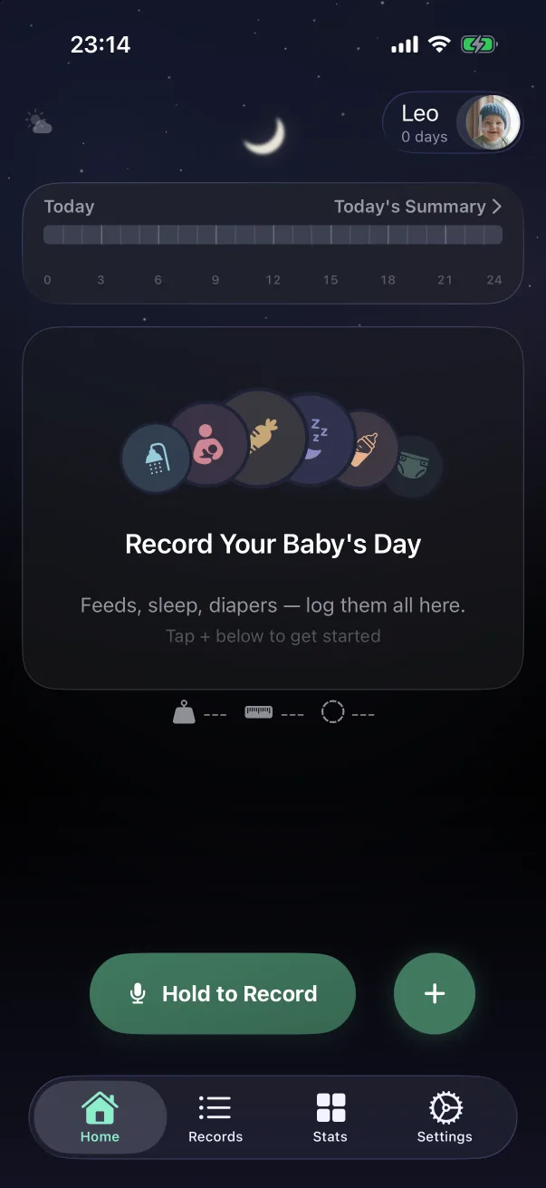 Home right after adding a baby: an empty day for the new profile.