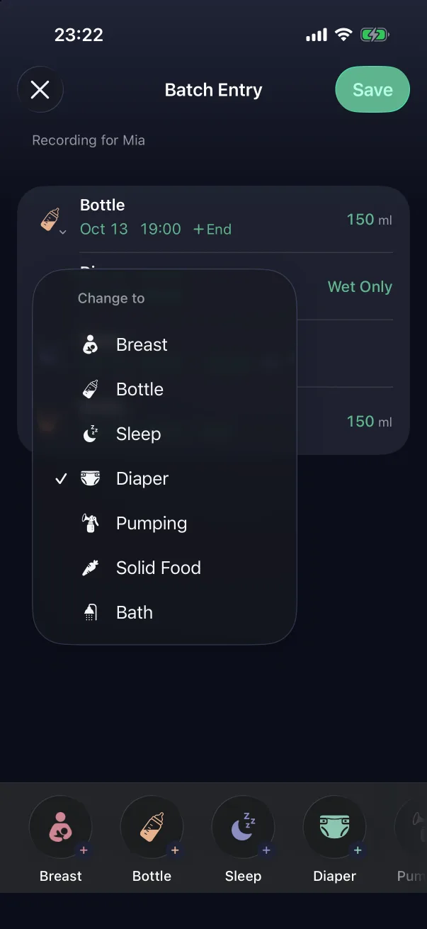 Tap the type icon to change a row's type.