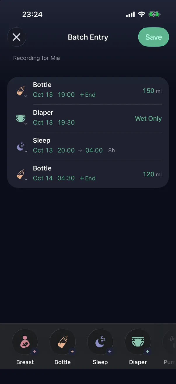 Four entries: bottle, diaper, an 8-hour sleep, bottle.