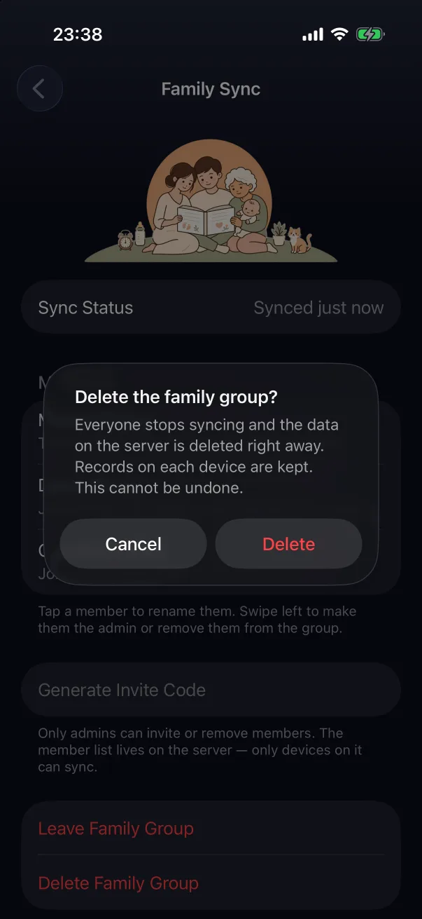 Deleting the group removes the server copy at once.