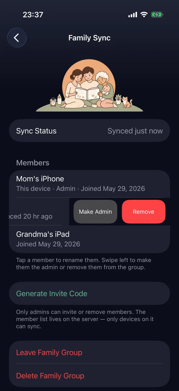 Swipe a member for Make Admin or Remove.