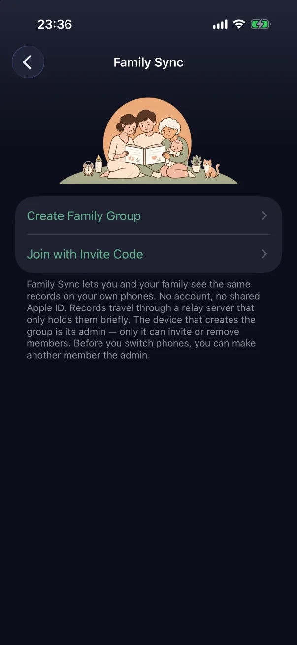 The Family Sync screen before a group exists.