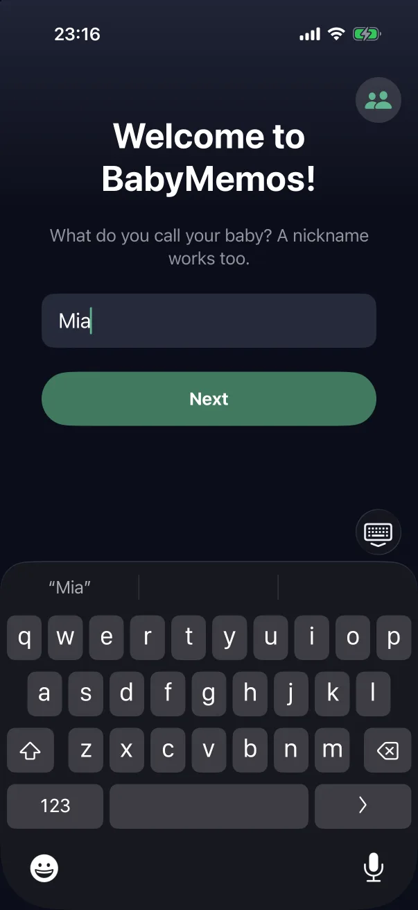 The name typed; Next turns blue.