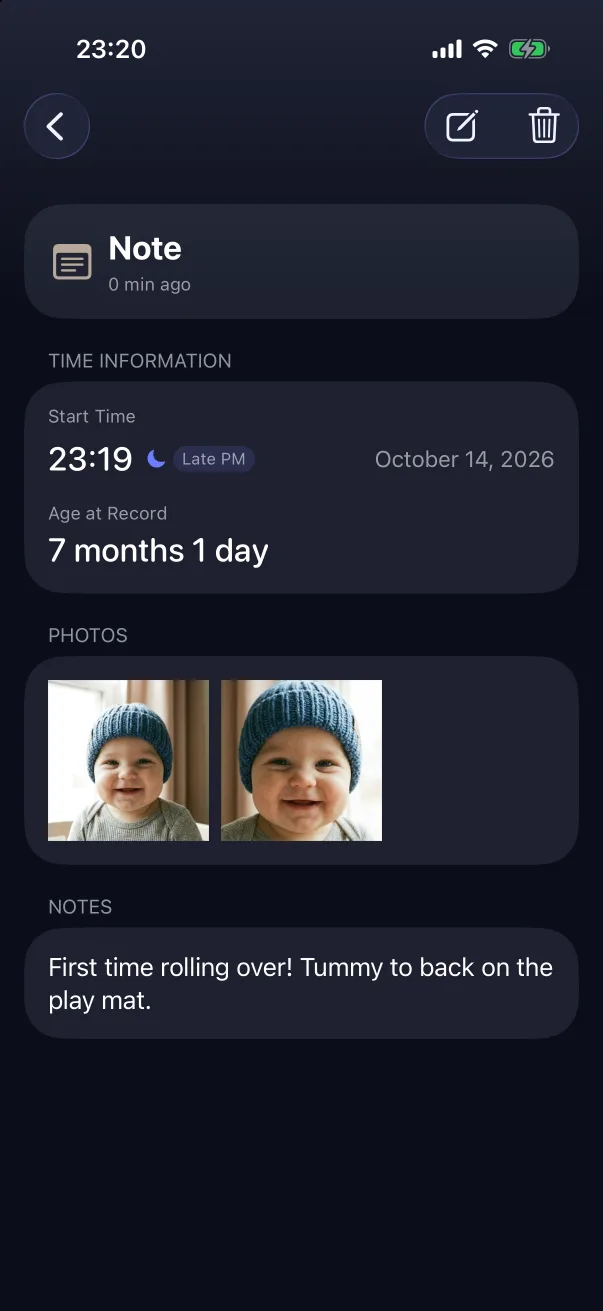 The Photos and Notes sections on the detail screen.