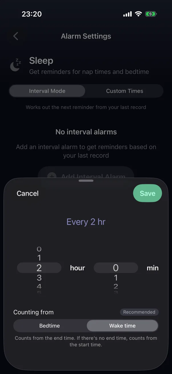 Every 2 hours, counting from the wake time.