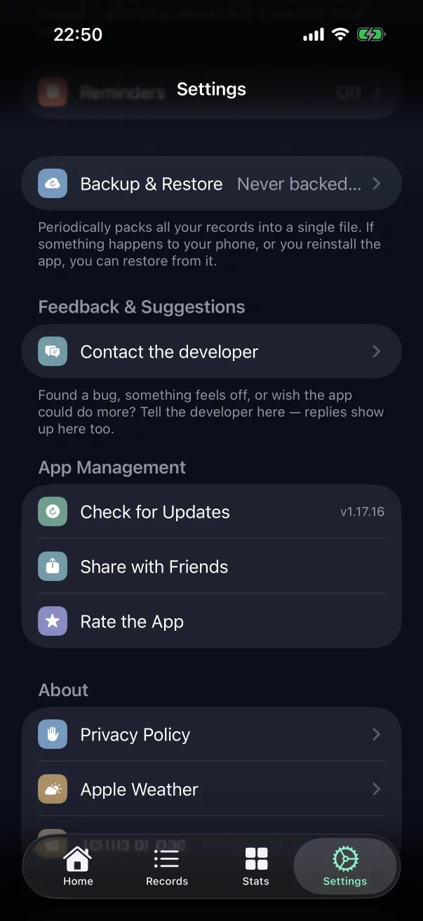 Settings, bottom: Premium, feedback and About.