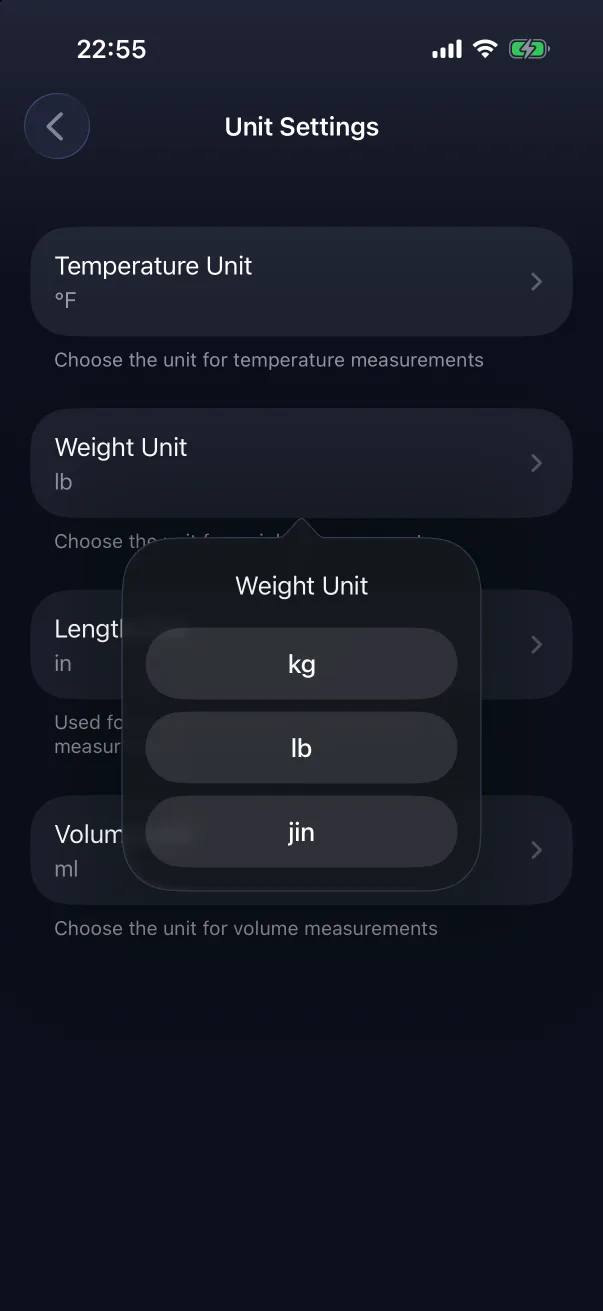Tapping a unit shows the choices.