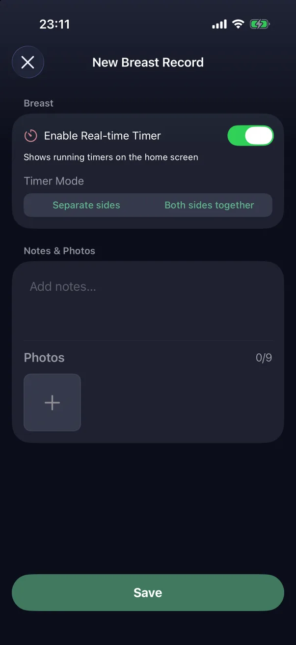 The breast editor with the timer on and a Timer Mode choice.
