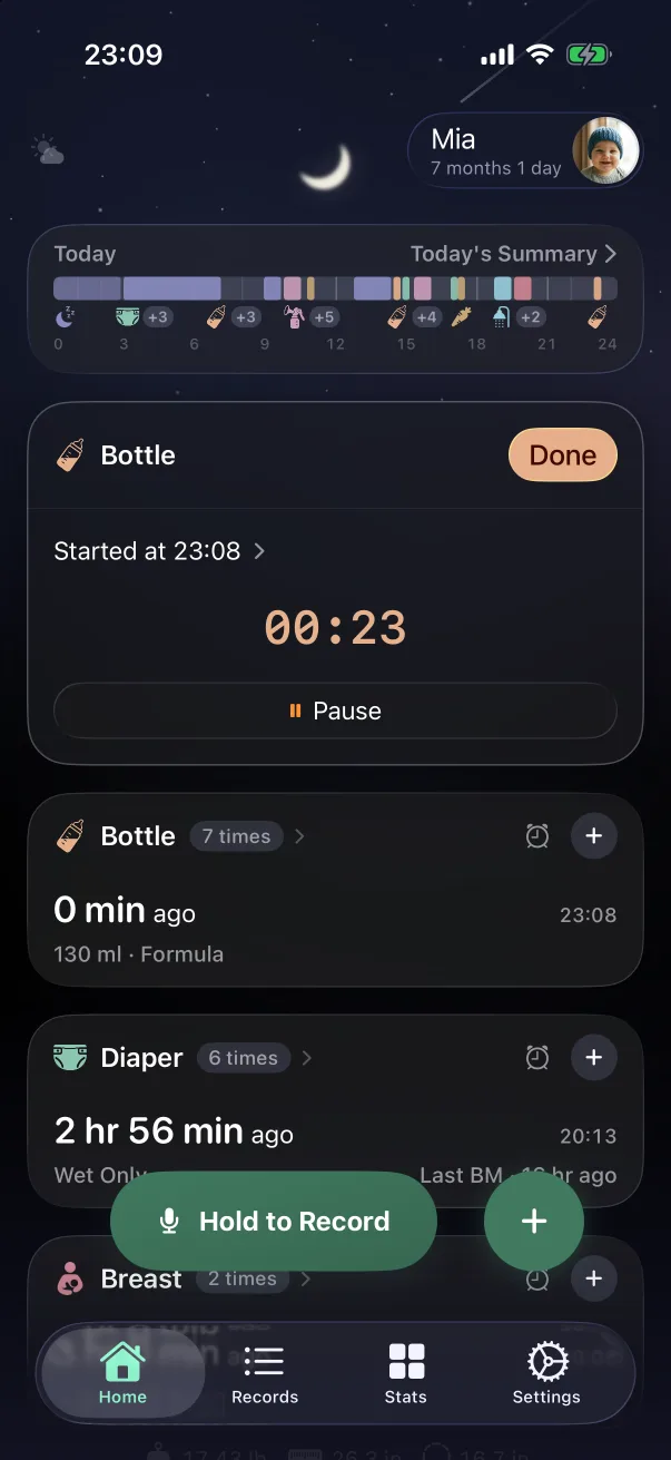 The running timer card at the top of the home screen.