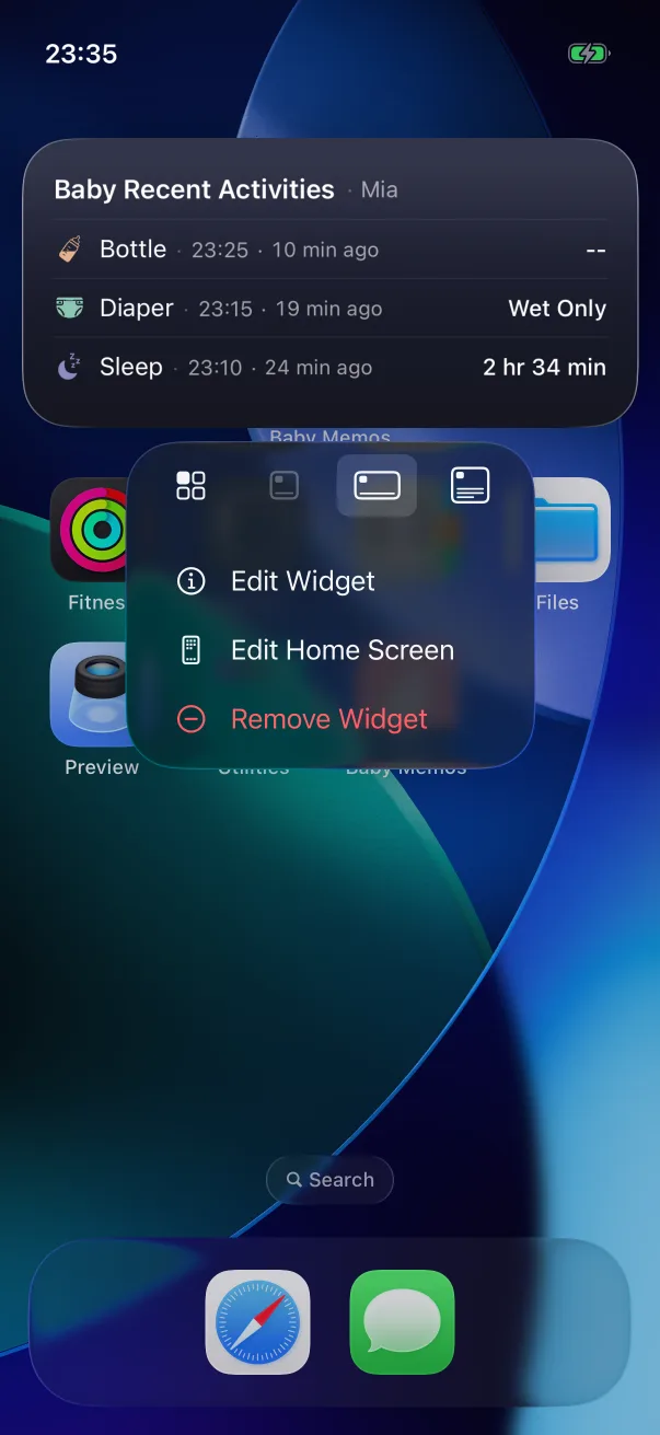 Long-press a widget for its menu.