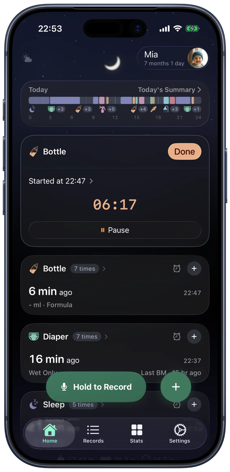 Baby Memos home screen at night under a starry sky: today's timeline, a bottle timer running, the latest diaper and sleep, and a Hold to Record button