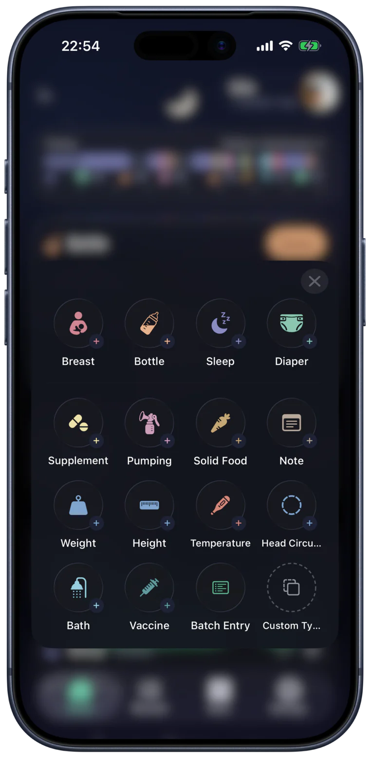 The quick record panel: one round button for each of the fourteen record types, plus batch entry and your own types
