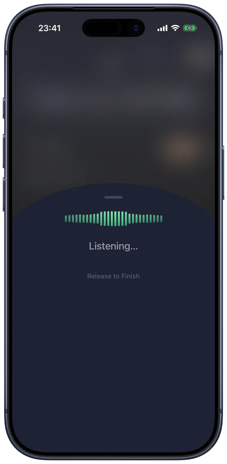 Holding the record button: a live waveform, “Listening…”, and “Release to Finish”